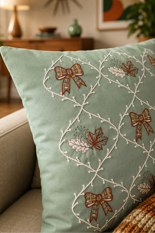 Autumn Bow Embroidered Decorative Pillow Cover 43×43 cm – Sage Green