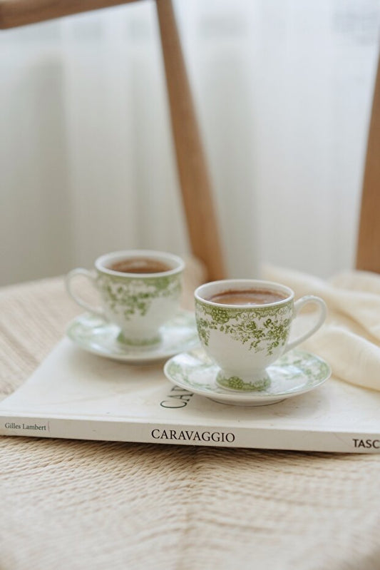 Vintage Green Porcelain 2 Person Coffee Cup Set