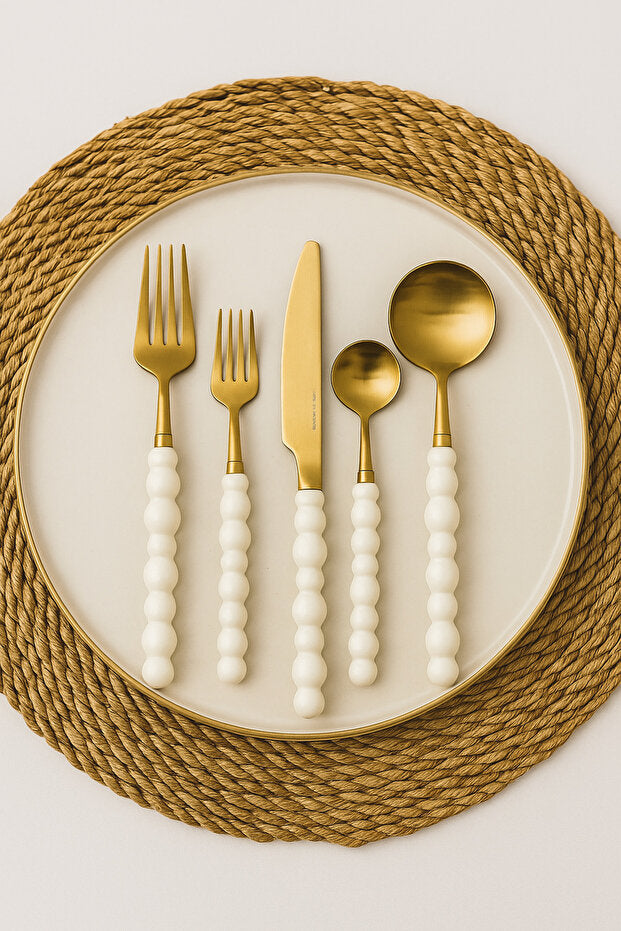 Modern White Pearl Cutlery 30 Piece Set - Gold
