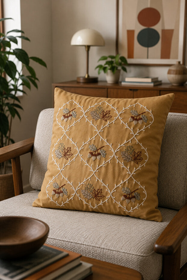 Autumn Embroidered Decorative Pillow Cover 43×43 cm – Mustard