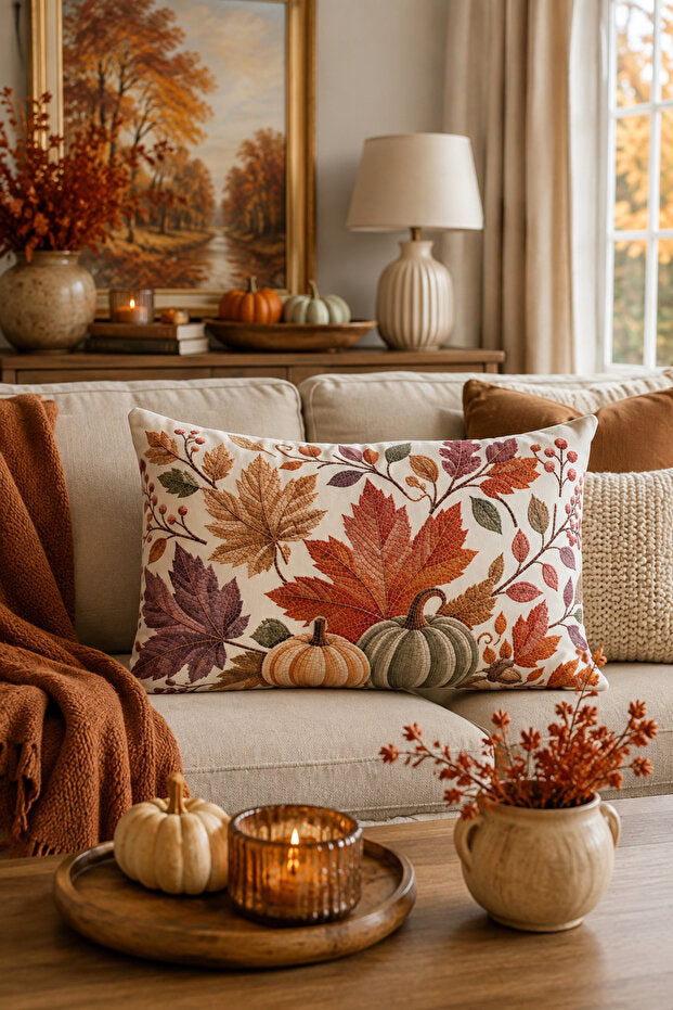 Autumn Leaves Decorative Pillow Cover 50×30 cm – Cream