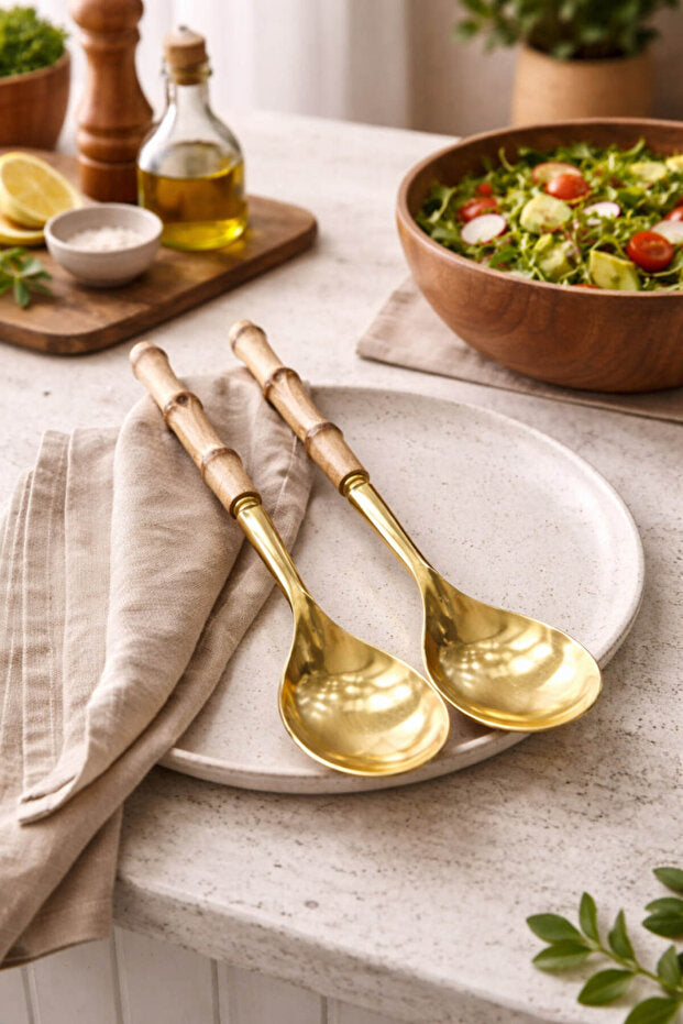 2 Piece Salad Serving Spoon Set with Bamboo Handles - Gold