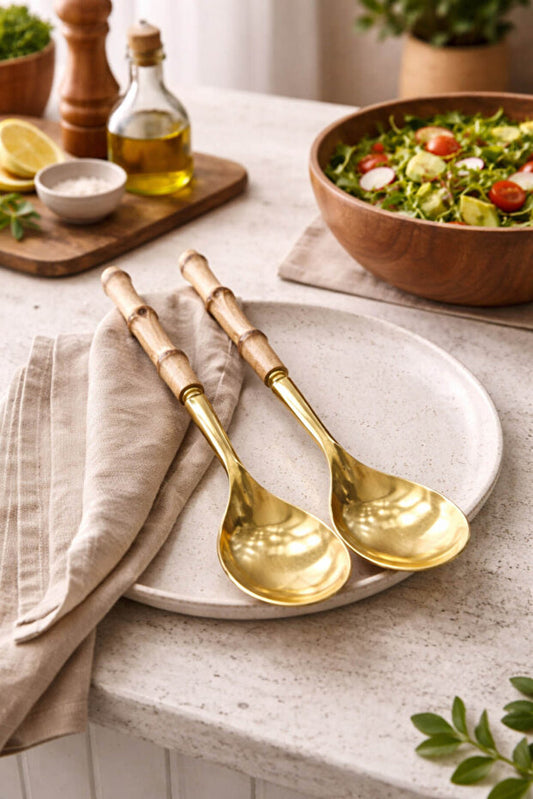 2 Piece Salad Serving Spoon Set with Bamboo Handles - Gold