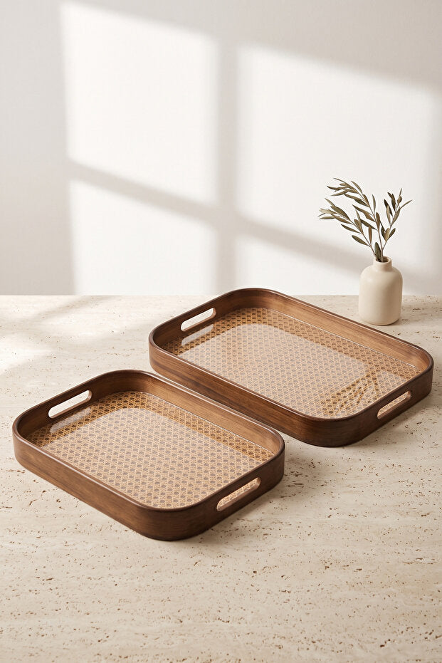 Aruna Acacia & Rattan Rectangular Serving Tray Set – 2 Piece