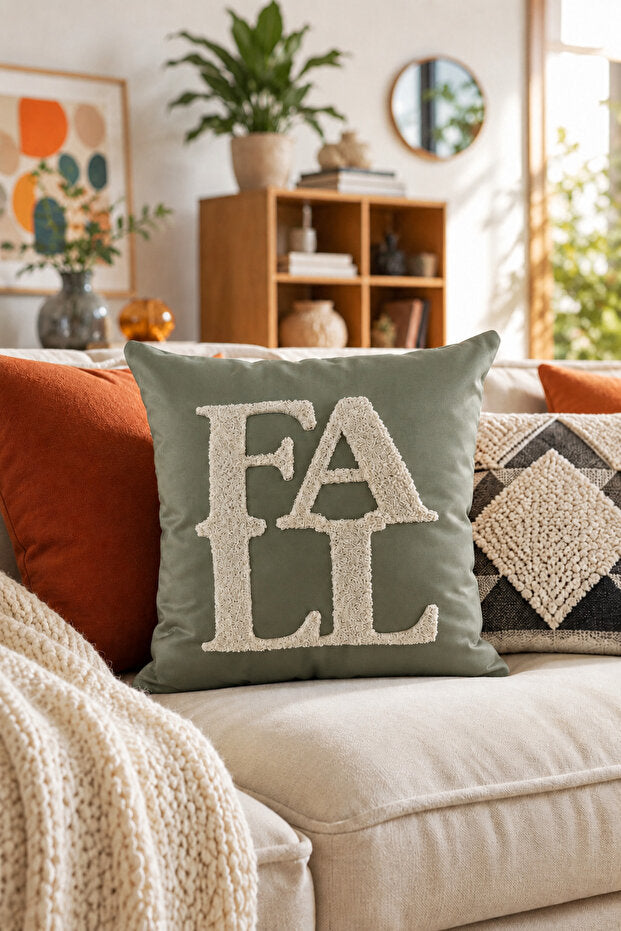 FALL Embroidered Decorative Pillow Cover 43×43 cm – Sage Green