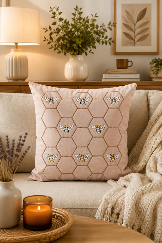 Embroidered Suede Cushion Cover 43x43 cm – Beige