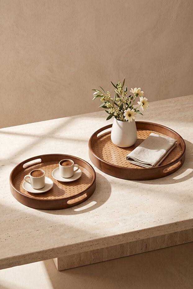 Aruna Acacia & Rattan Round Serving Tray Set – 2 Piece