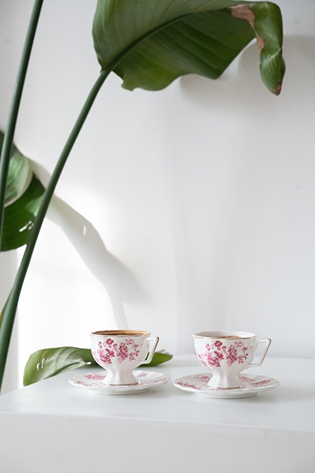 Vintage Magenta Floral Porcelain 2 Person Coffee Cup Set