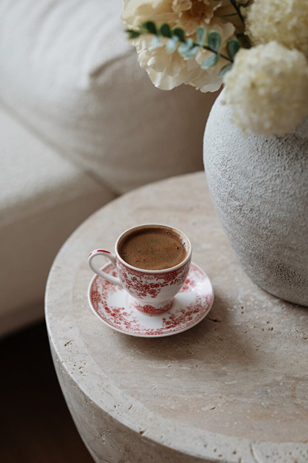 Vintage Red Porcelain 2 Person Coffee Cup Set
