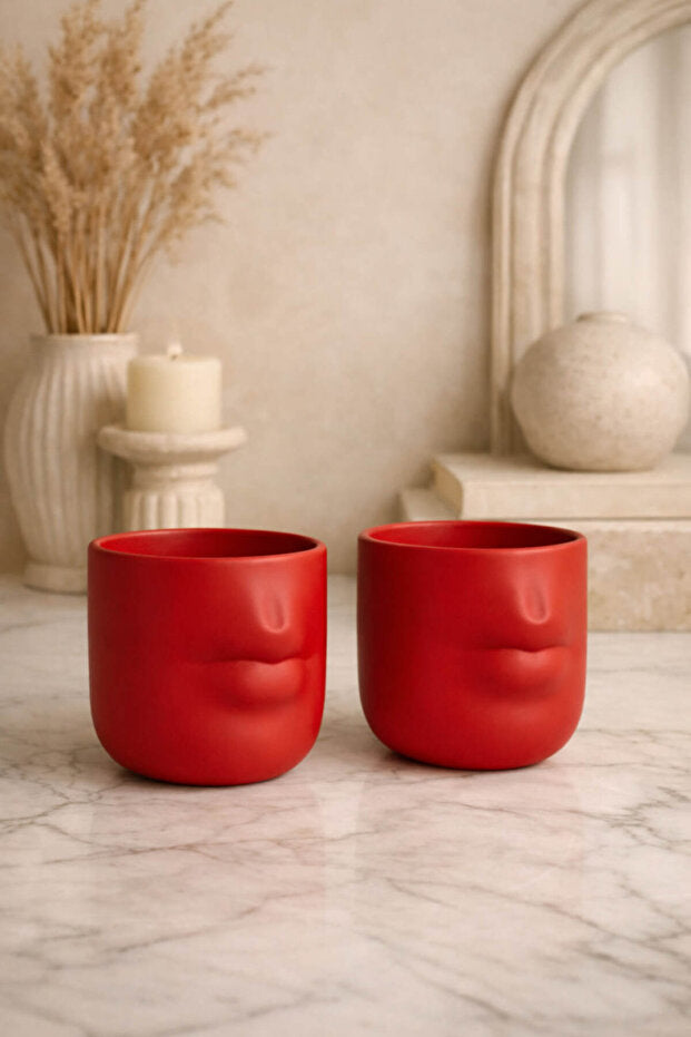 2 Piece Handmade Ceramic Red Lip Mug / Cup