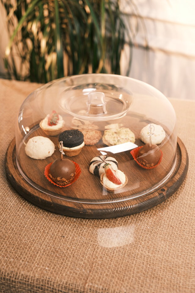 Large Round Wooden Stand Cake Dome and Serving Tray Natural Wood 31 cm