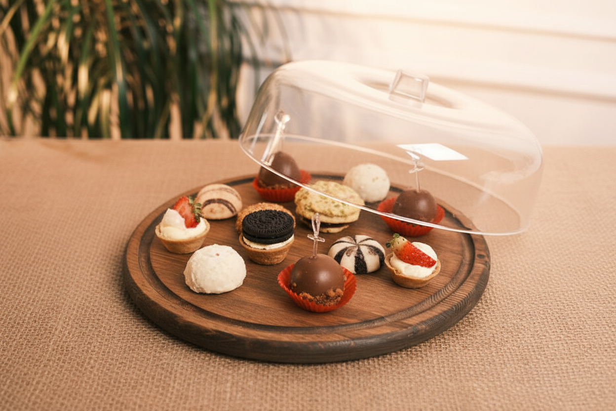 Large Round Wooden Stand Cake Dome and Serving Tray Natural Wood 31 cm