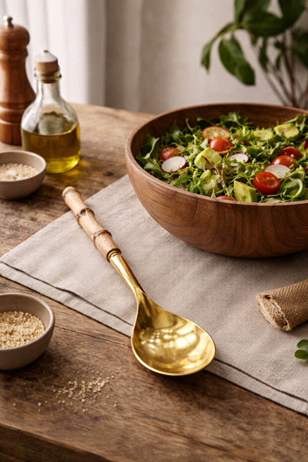 2 Piece Salad Serving Spoon Set with Bamboo Handles - Gold
