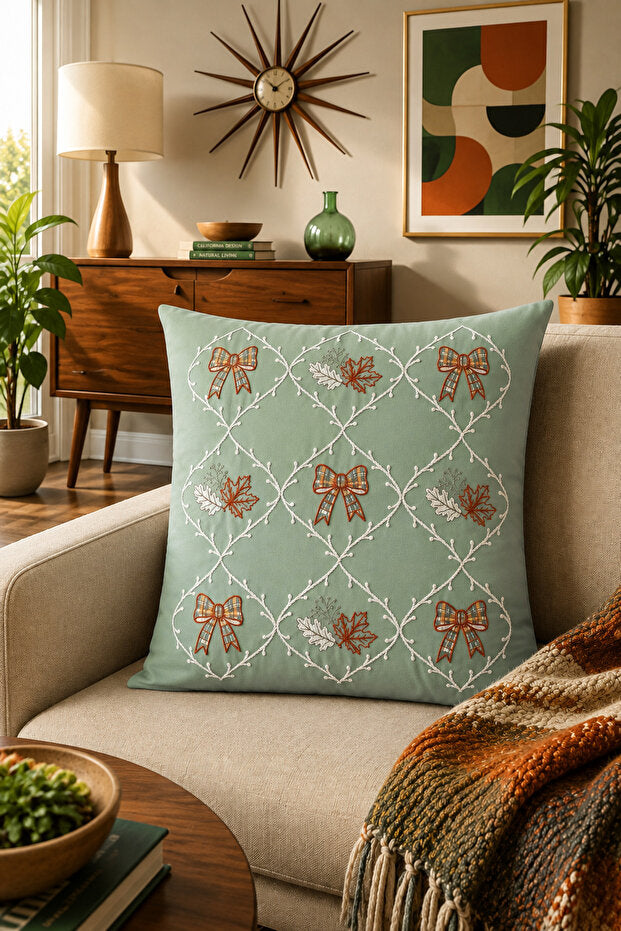 Autumn Bow Embroidered Decorative Pillow Cover 43×43 cm – Sage Green