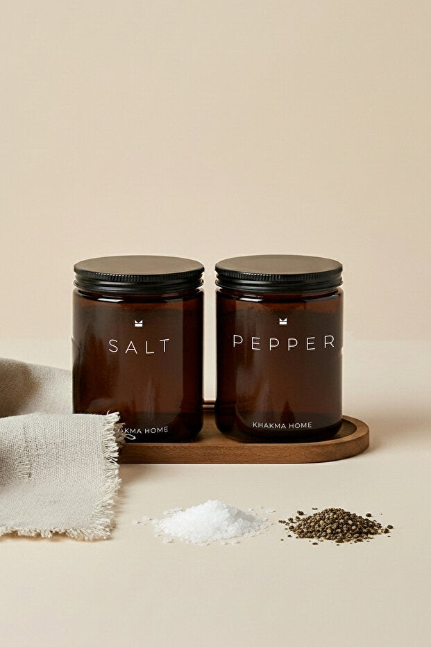 Amber Glass Spice Jar 2 Piece Set With Wooden Stand