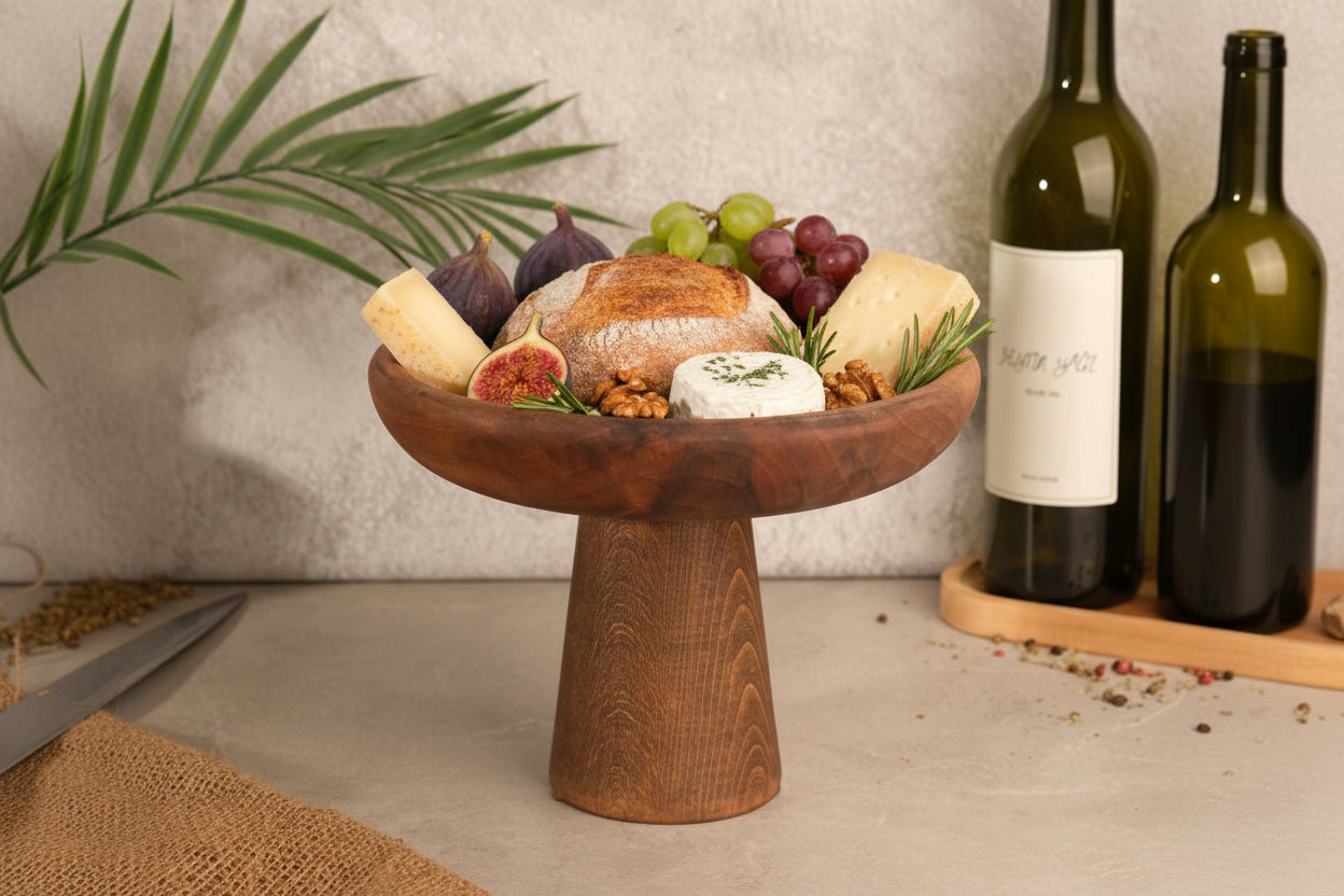 Premium 100% Walnut Wood Pedestal Serving Bowl, Handcrafted