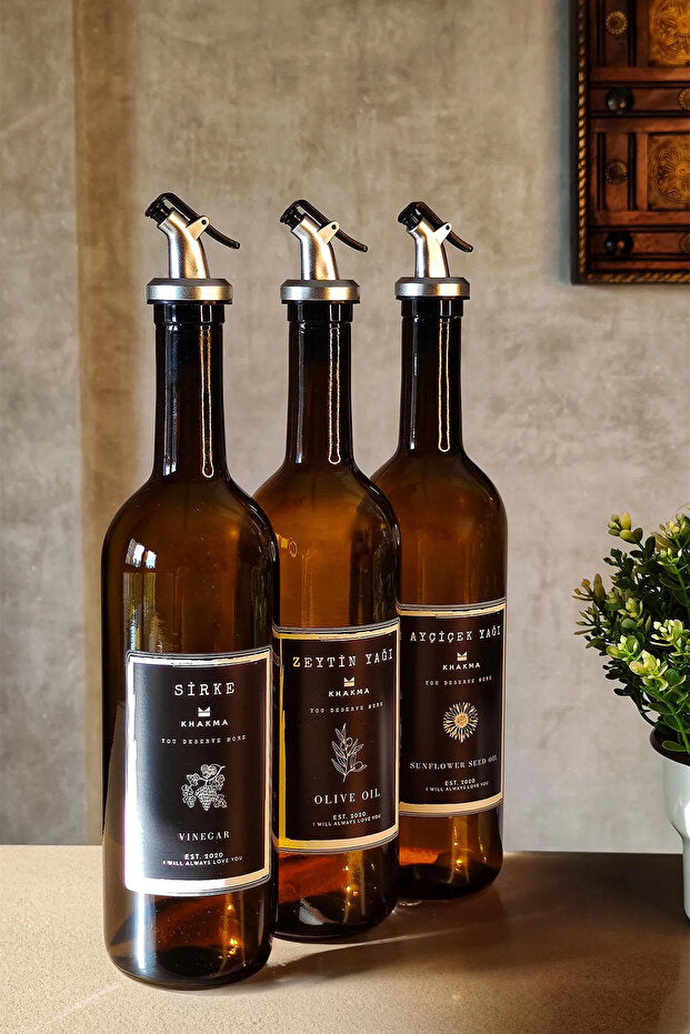 Amber Glass Set of 3 Oil and Vinegar Dispensers 750 ml - Silver
