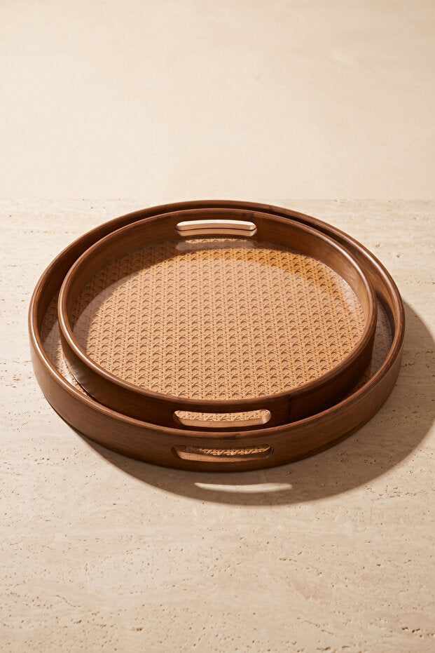 Aruna Acacia & Rattan Round Serving Tray Set – 2 Piece