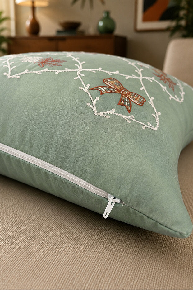 Autumn Bow Embroidered Decorative Pillow Cover 43×43 cm – Sage Green