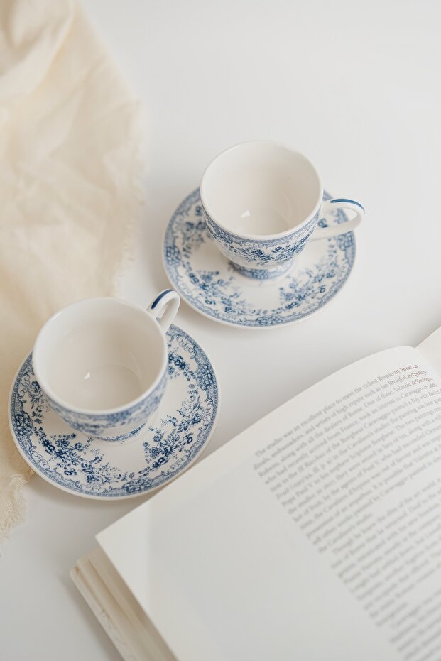 Vintage Blue Porcelain 2 Person Coffee Cup Set