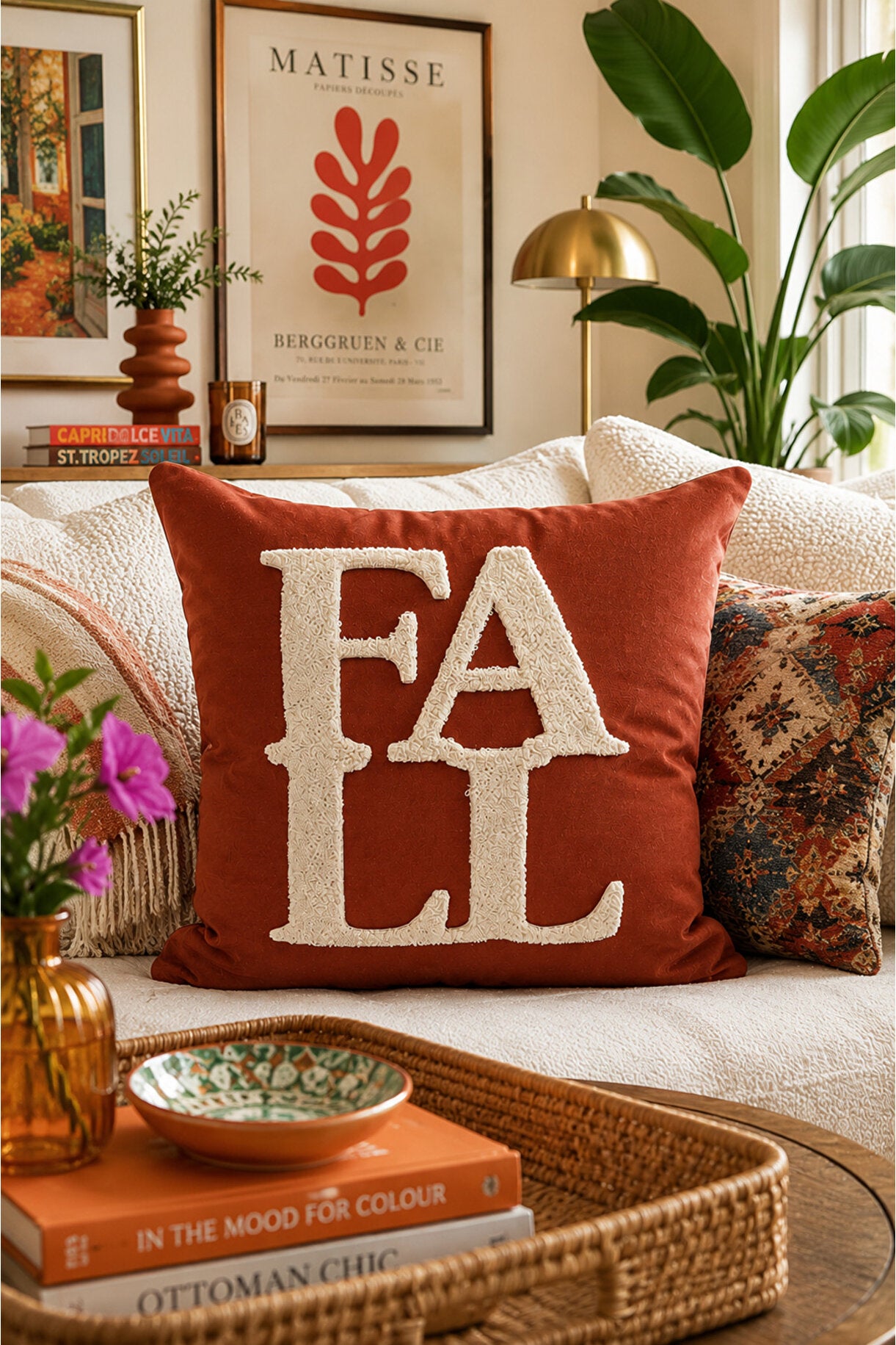 FALL Embroidered Decorative Pillow Cover 43×43 cm – Terracotta