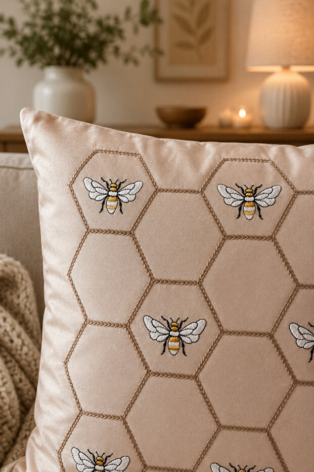 Embroidered Suede Cushion Cover 43x43 cm – Beige