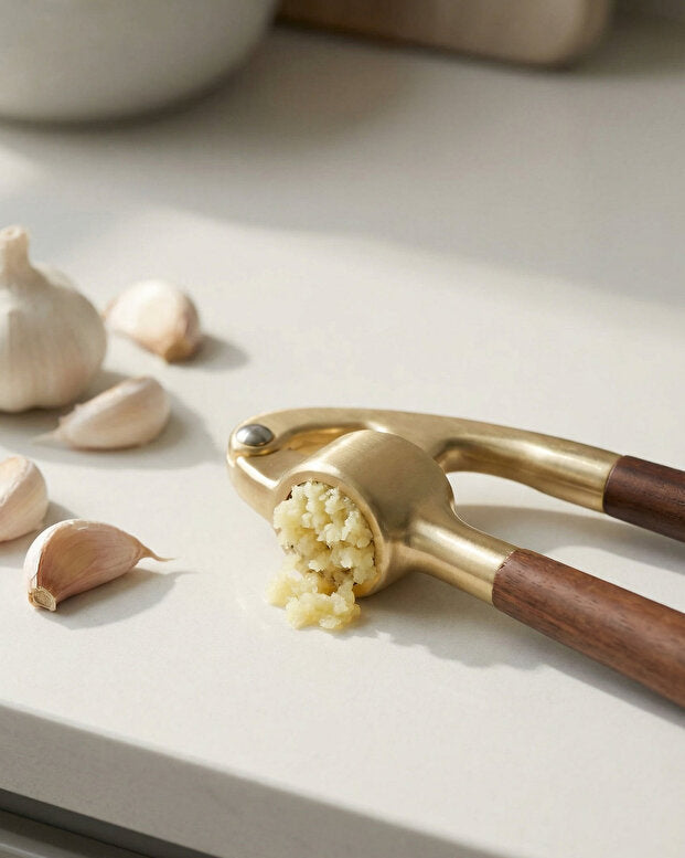 Gold Garlic Crusher with Acacia Handle