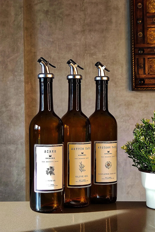 Amber Glass Set of 3 Oil and Vinegar Dispensers 750 ml - Silver