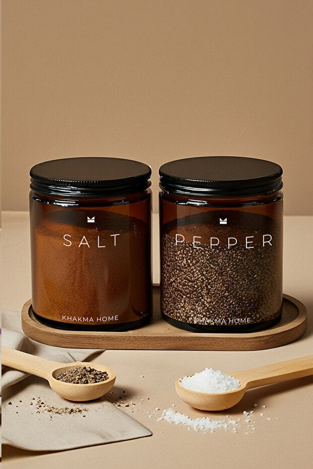 Amber Glass Spice Jar 2 Piece Set With Wooden Stand