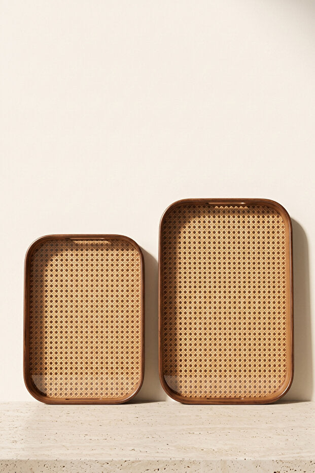 Aruna Acacia & Rattan Rectangular Serving Tray Set – 2 Piece