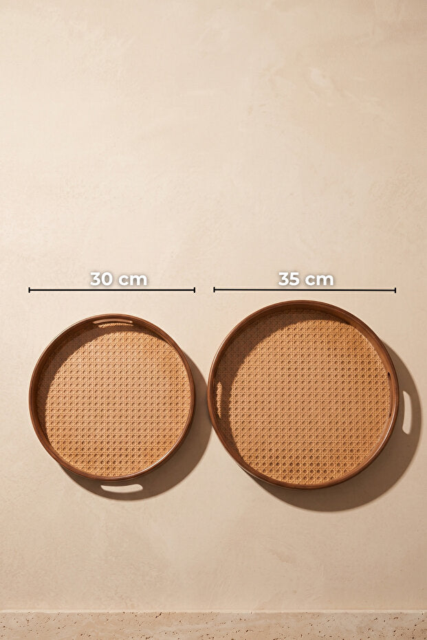 Aruna Acacia & Rattan Round Serving Tray Set – 2 Piece