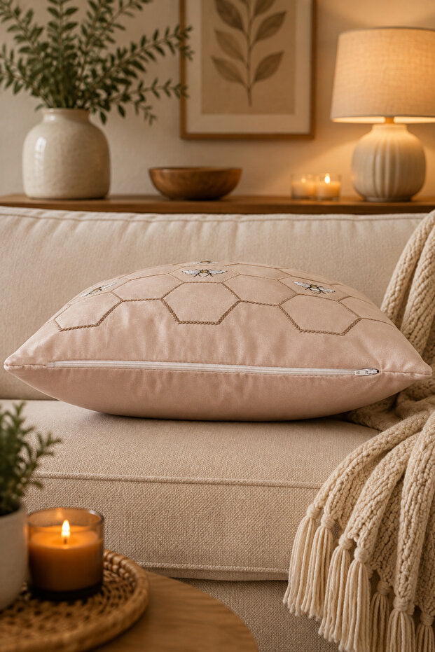 Embroidered Suede Cushion Cover 43x43 cm – Beige