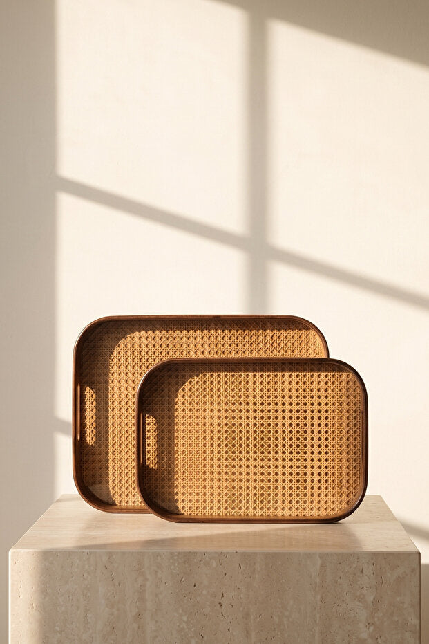 Aruna Acacia & Rattan Rectangular Serving Tray Set – 2 Piece