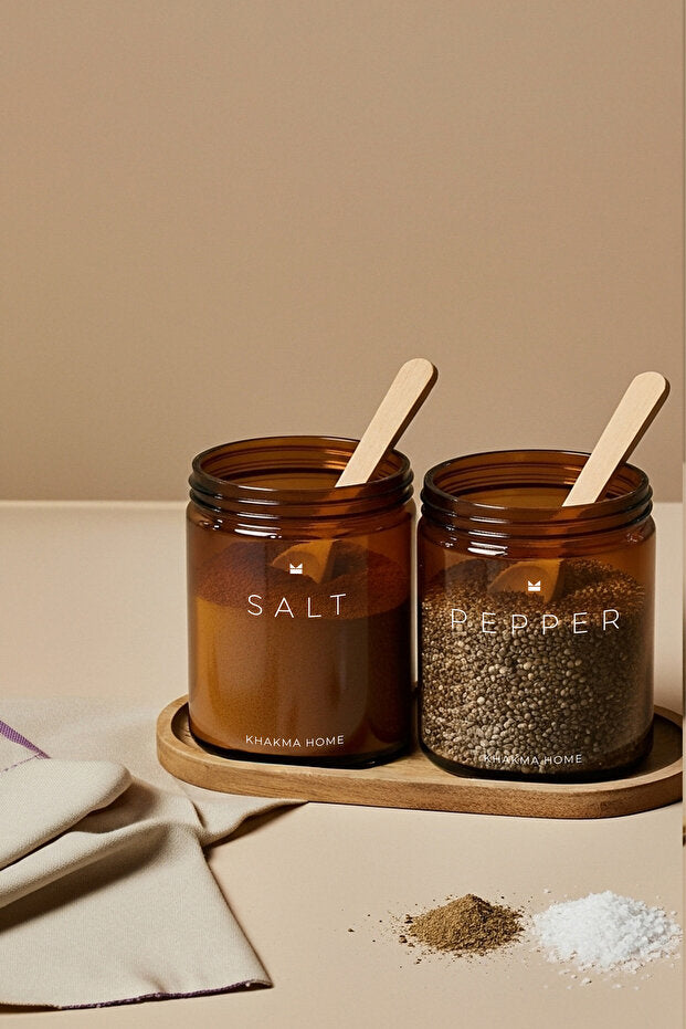 Amber Glass Spice Jar 2 Piece Set With Wooden Stand