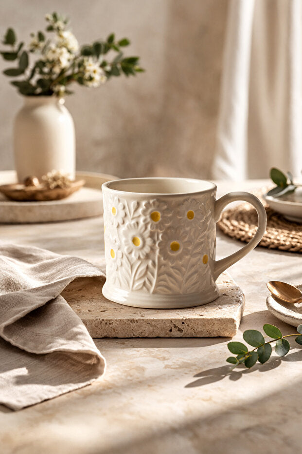 Handmade Ceramic Embossed Daisy Mug / Cup