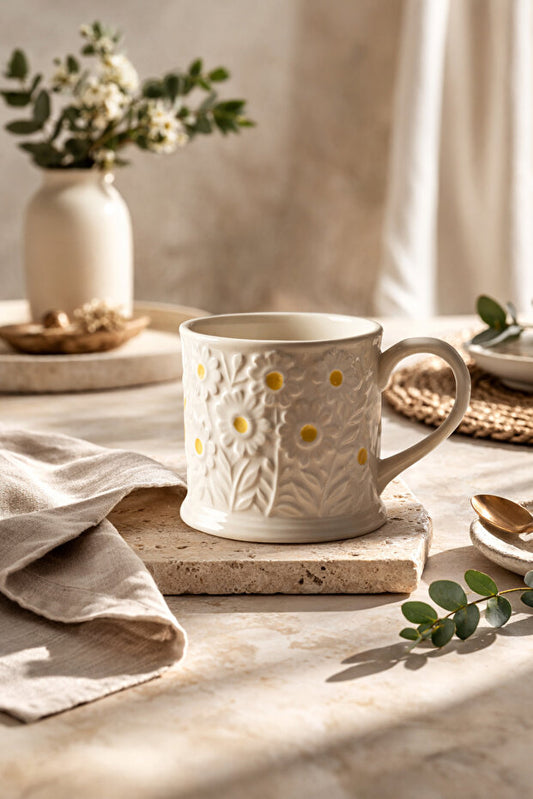 Handmade Ceramic Embossed Daisy Mug / Cup