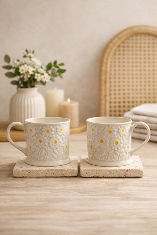 2 Piece Handmade Ceramic Embossed Daisy Mug / Cup