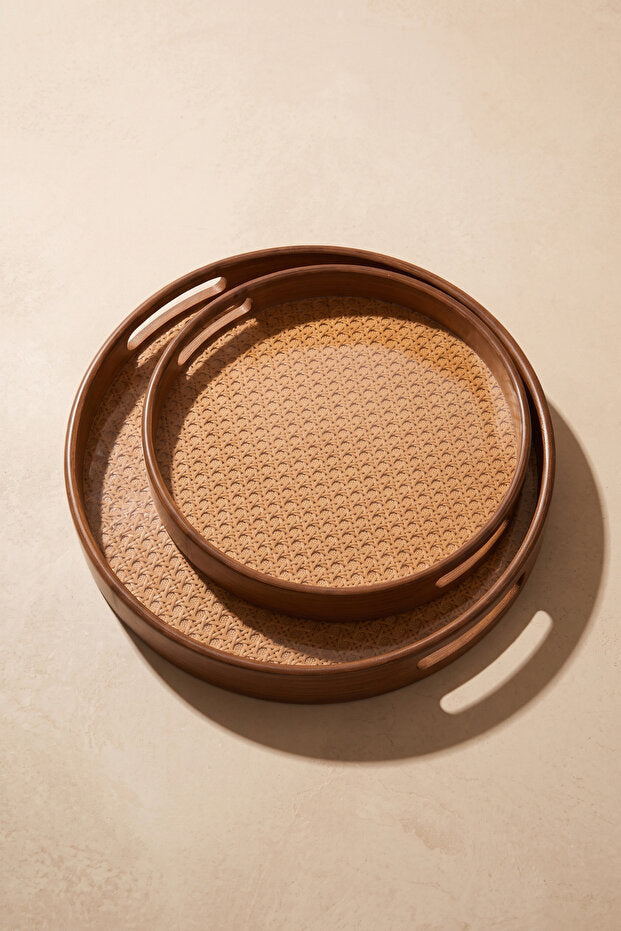 Aruna Acacia & Rattan Round Serving Tray Set – 2 Piece