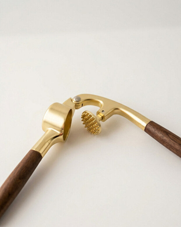 Gold Garlic Crusher with Acacia Handle