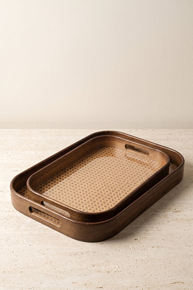 Aruna Acacia & Rattan Rectangular Serving Tray Set – 2 Piece