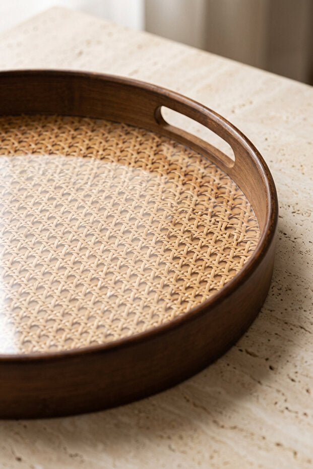 Aruna Acacia & Rattan Round Serving Tray Set – 2 Piece