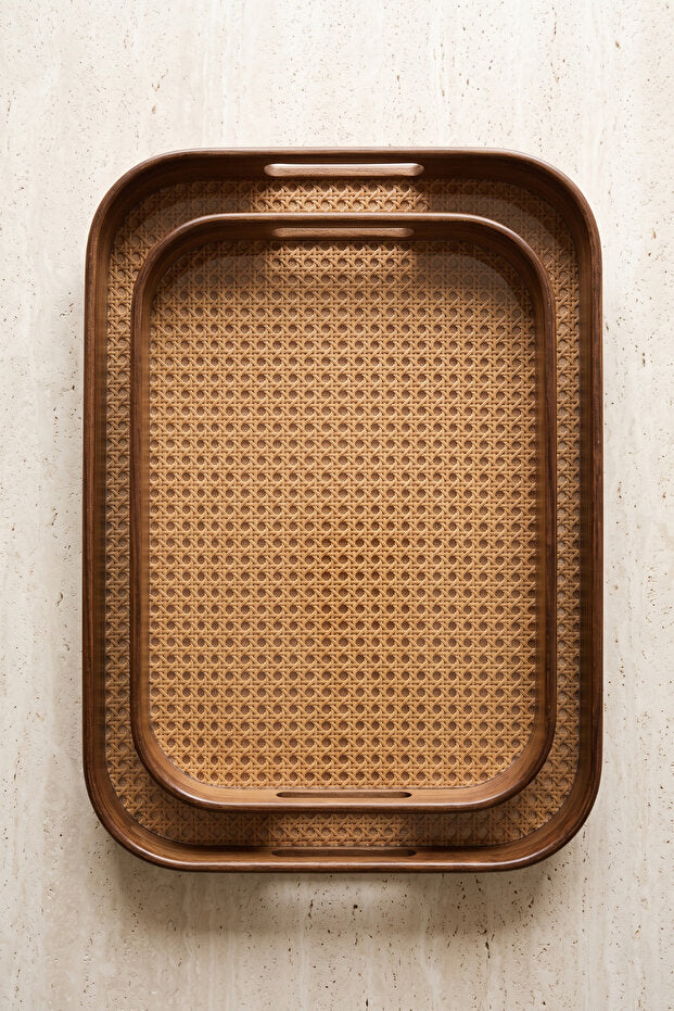 Aruna Acacia & Rattan Rectangular Serving Tray Set – 2 Piece