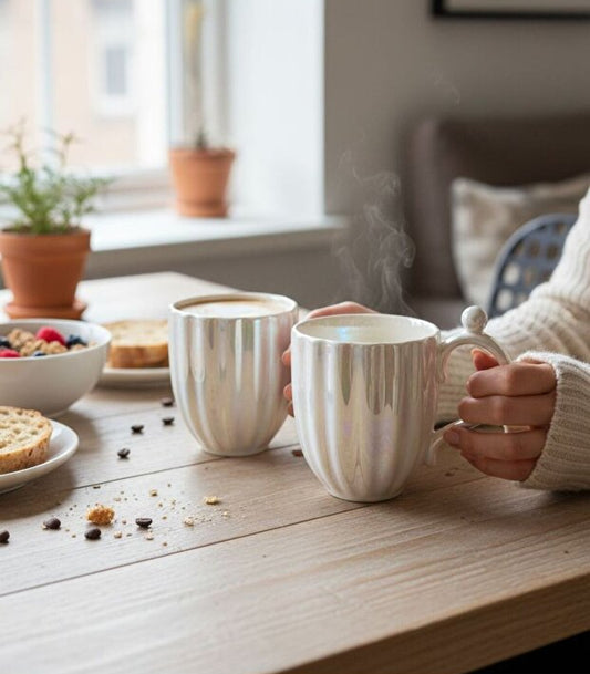 2 Piece Pearl Embellished Porcelain Mug / Cup Set - White