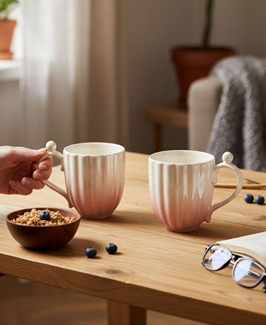 2 Piece Pearl Embellished Porcelain Mug / Cup Set - Pink