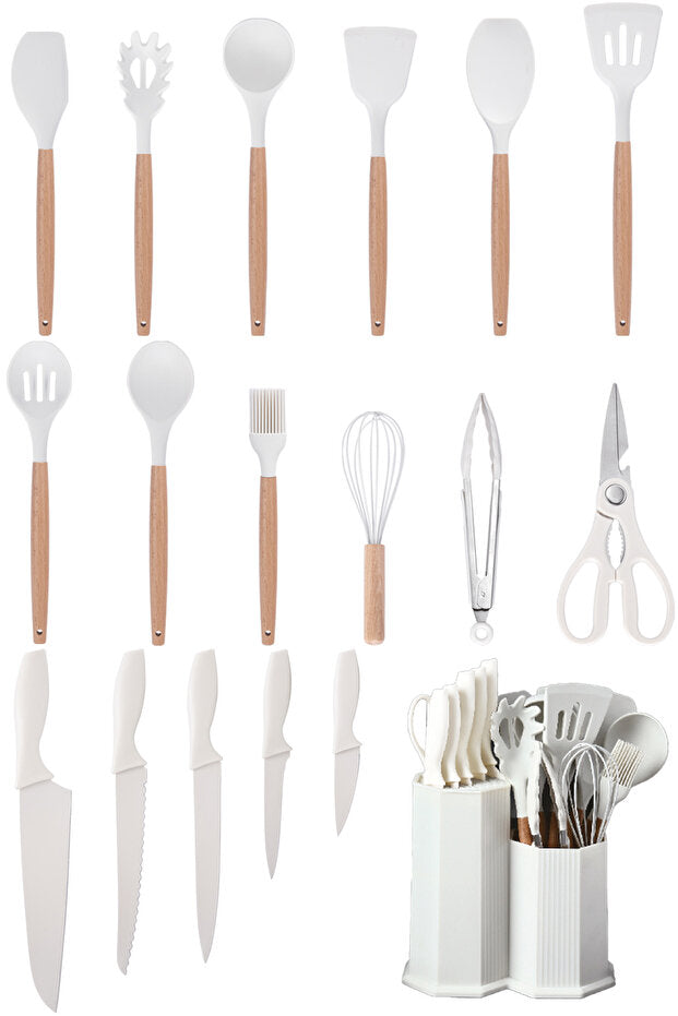 Legolas 18 Piece Heat-Resistant Silicone Non-Stick Serving Set with Stand, White