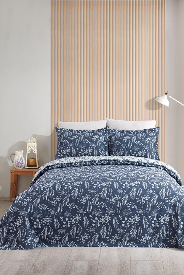 Mokka Linen Bedspread Set - Blue