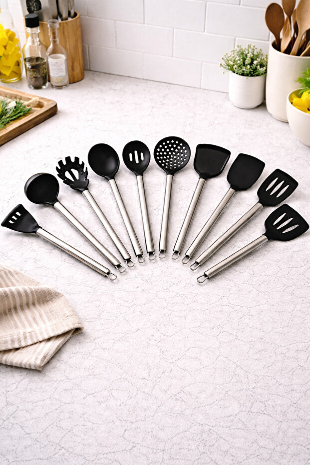 Noda 11 Piece Stainless Steel Spatula Kitchen Set - Black