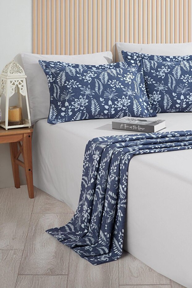 Mokka Linen Bedspread Set - Blue