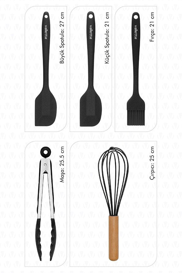Fugazi Heat Resistant, Non-Stick Silicone Spatula Set, 5 Pieces, Black