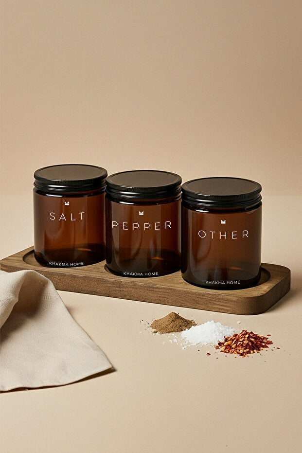 Amber Glass Spice Jar 3 Piece Set with Wooden Stand